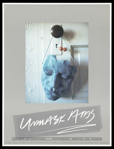 A blue mask hangs from a door knob with the message 'Unmask AIDS'. Colour lithograph by Lin Renninger and Kristina Von Rubens, 1988.
