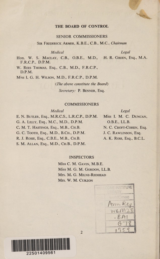 Annual Report Of The Board Of Control To The Lord Chancellor 1959 Wellcome Collection